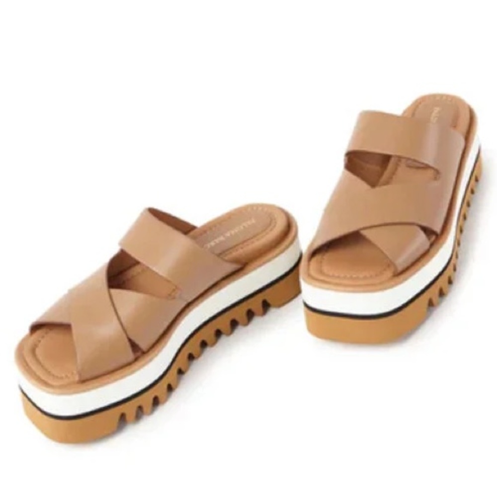 Paloma Barcelo Tan Leather Platform Slide Sandals
